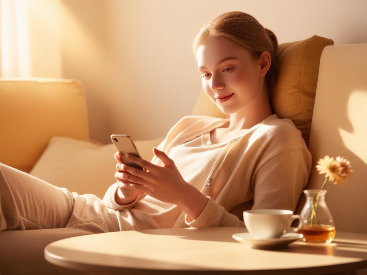 スマホをいじってリラックスする女性