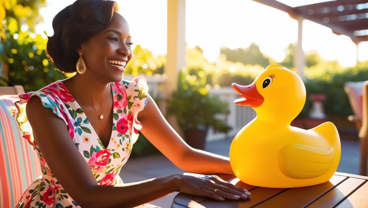 ラバー製のアヒルに話しかける女性