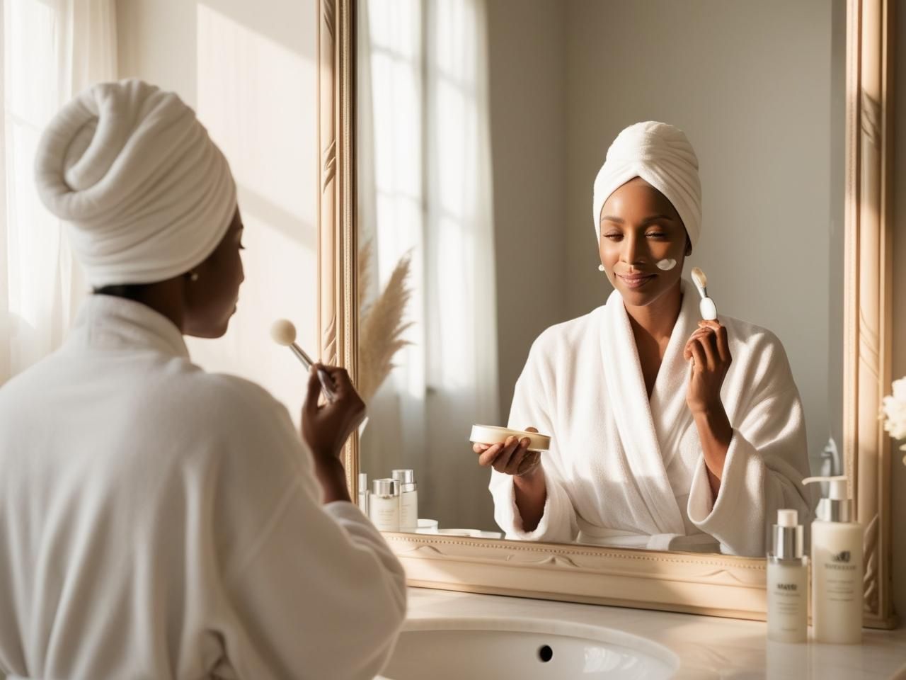 鏡に向かってスキンケアする女性